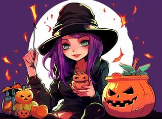 万圣节女巫鬼怪捣蛋南瓜灯恐怖紫色插画素材背景