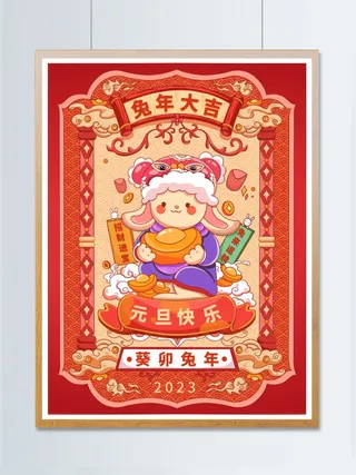 2023兔年卡牌元旦卡通手绘插画-