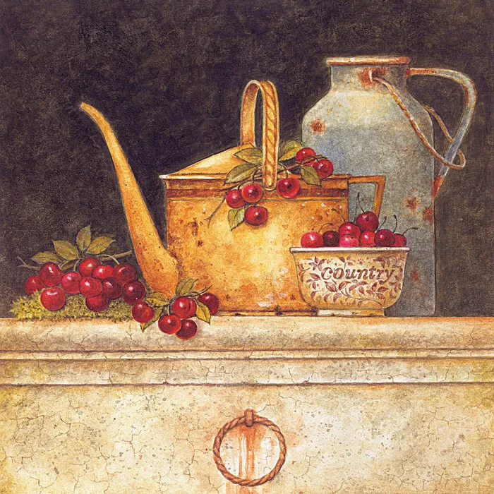 水果樱桃茶壶艺术油画