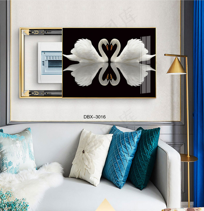 大气时尚家居室内装饰场景客厅沙发卧室床铺电表箱壁画背景图背景两只白鹅