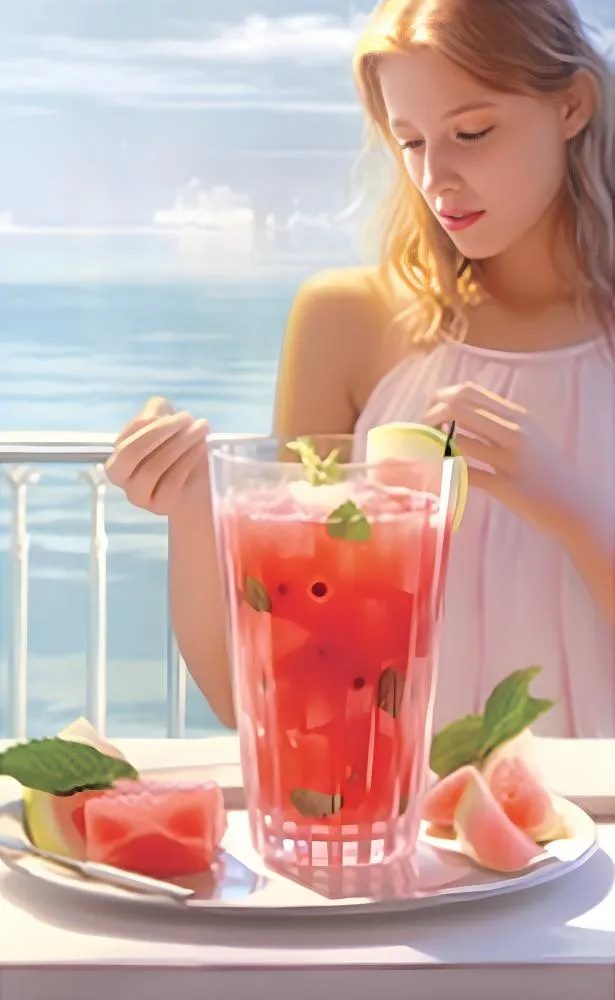 海边喝饮料的金发美女背景(2217x3600)