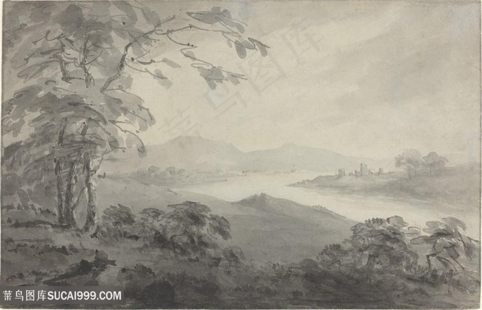 水墨山脉河流风景画装饰画