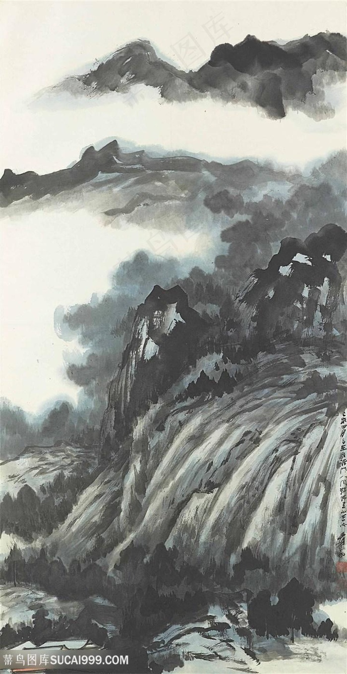 张大千手绘水墨山脉风景画