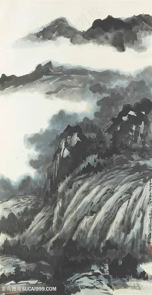 张大千手绘水墨山脉风景画 张大千手绘水墨山脉风景画