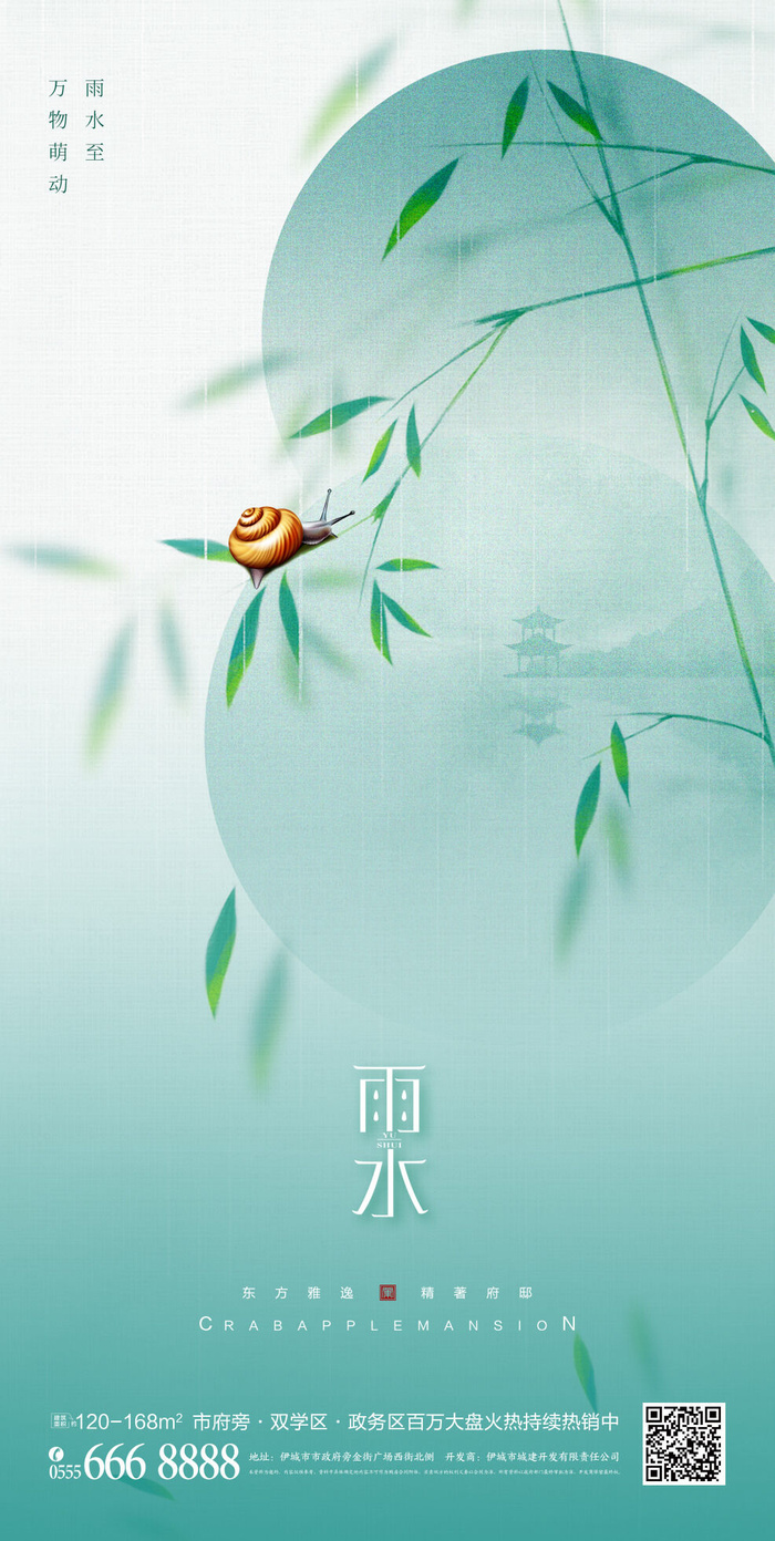 雨水蜗牛柳叶简约节气海报01