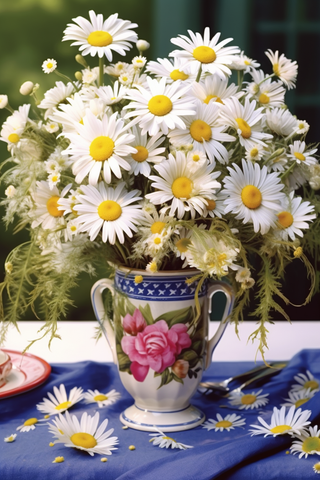 盛开的小雏菊花瓶摆放着桌上摄影图