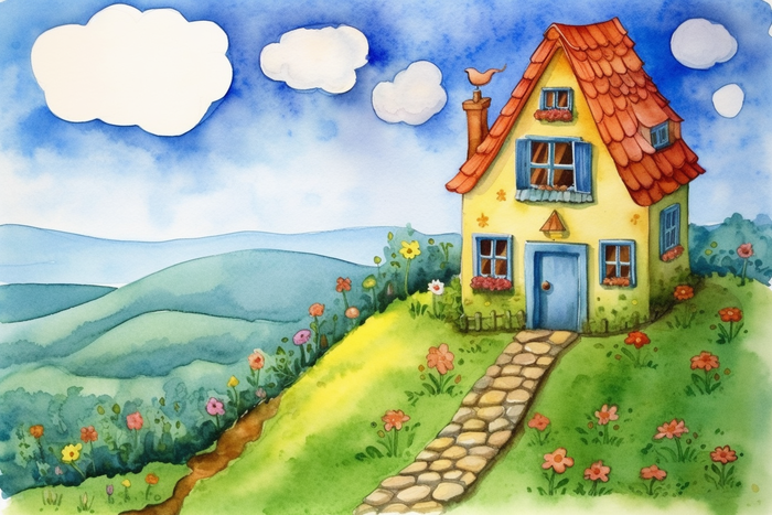 森林里的小房子门前花丛草地石子路卡通插画素材背景