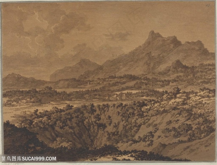巍峨山脉山林美景油画