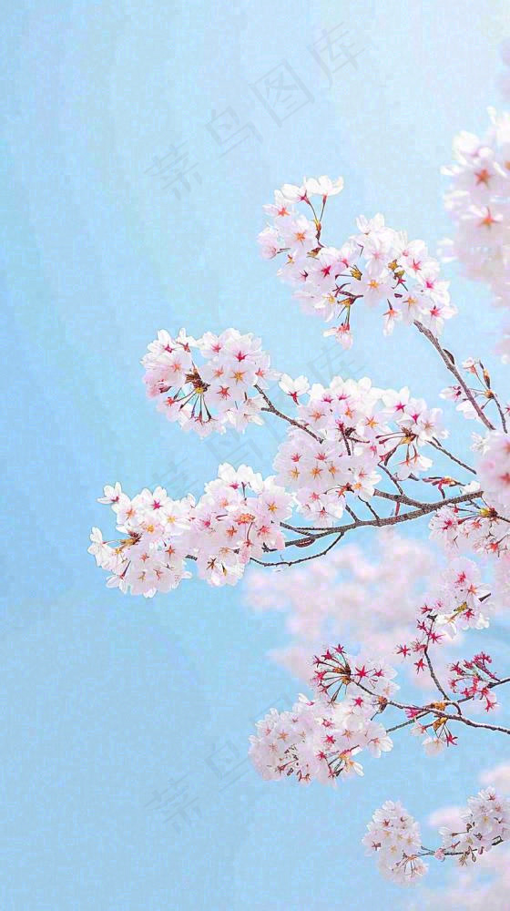 春天开满花朵的树冠仰拍蓝色天空，立春，春分摄影图