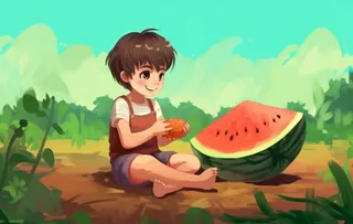 土地上吃西瓜的少年背景