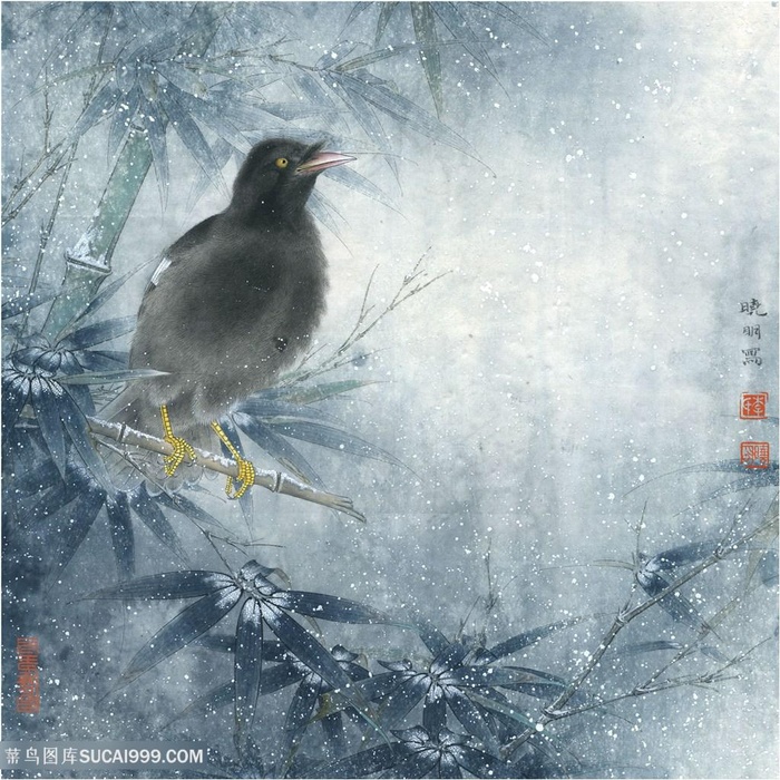 中式鸟竹子装饰画