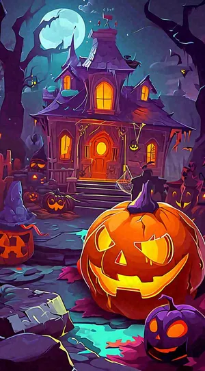 恐怖气氛万圣节南瓜屋子，西方节日卡通