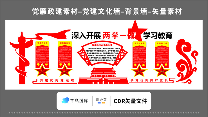 党建文化墙党建素材CDR预览图红色背景深入开展两学一做学习cdr矢量模版下载