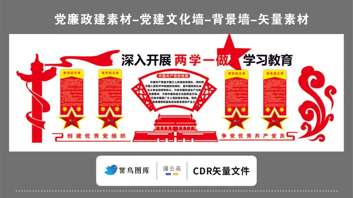 党建文化墙党建素材CDR预览图红色背景深入开展两学一做学习cdr矢量模版下载