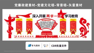 党建文化墙党建素材CDR预览图红色背景深入开展两学一做学习