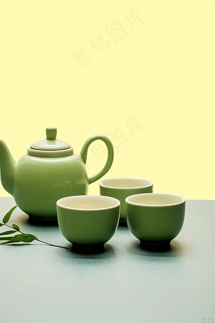 绿色茶壶茶杯植物浅绿背景墙摄影图(2688x4032)