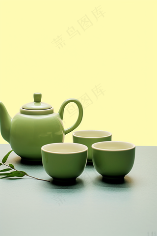绿色茶壶茶杯植物浅绿背景墙摄影图