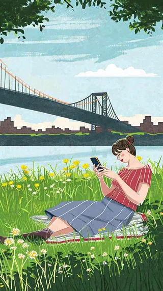 城市阳光蓝天白云人物在草地风景手绘插画，休闲