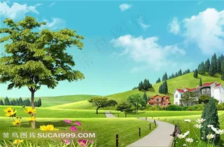 蓝天白云下的别墅