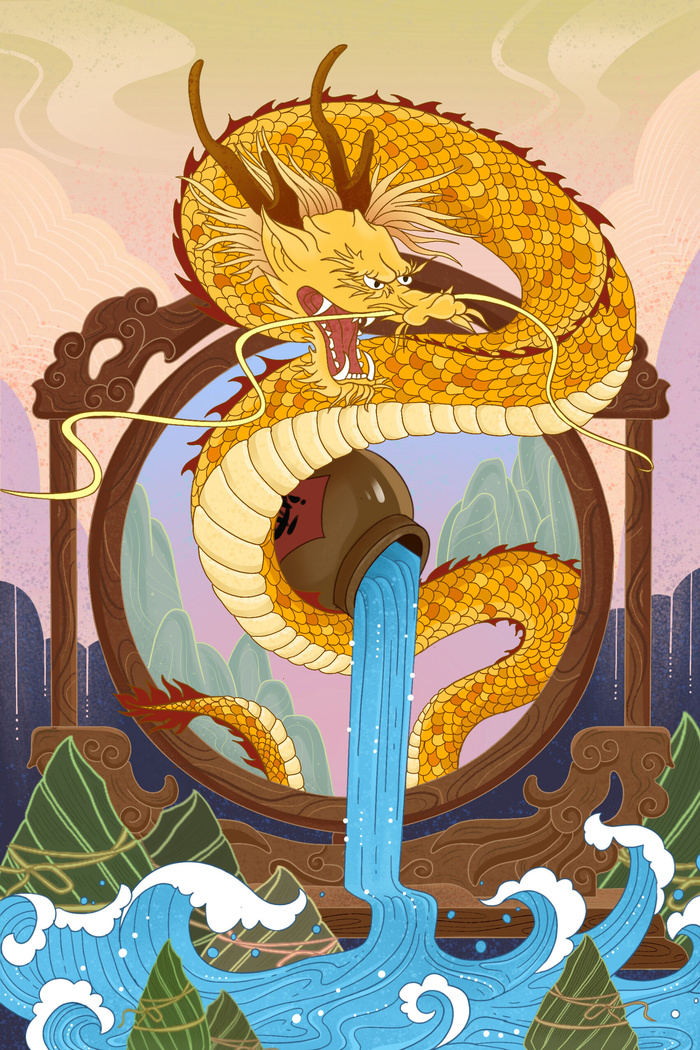 国潮风中国传统节日端午节赛龙舟粽子场景插画海报PSD设计素材psd模版下载