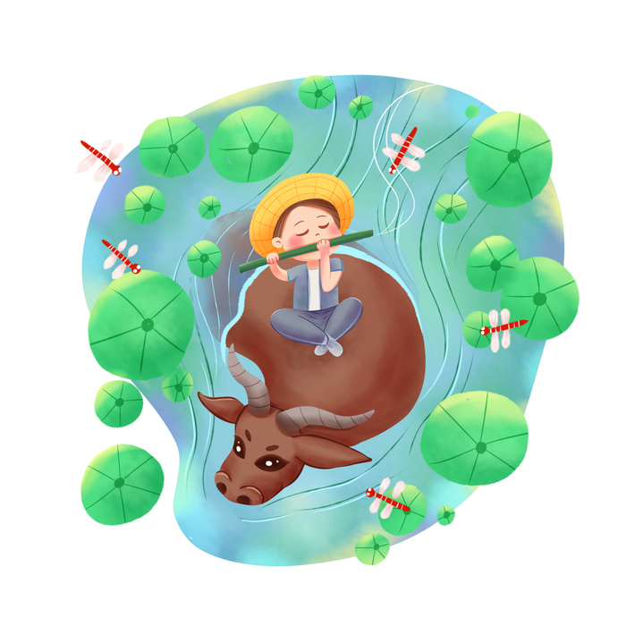 清明清明节卡通牧童吹笛子psd模版下载