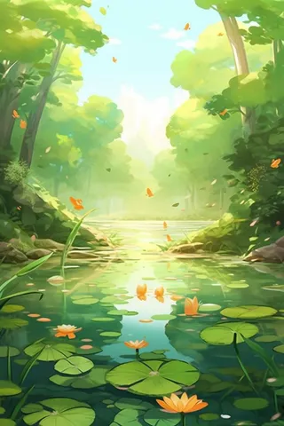 绿色荷花池温馨插画背景