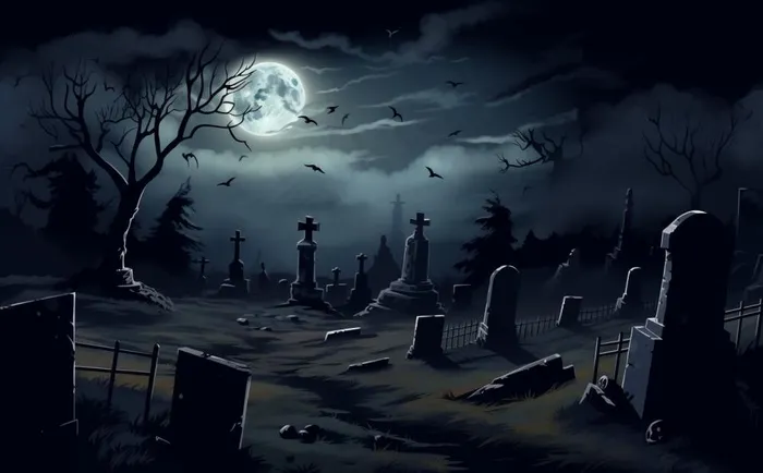 万圣节夜晚坟墓恐怖月色树林插画蓝黑色背景(1392x864)