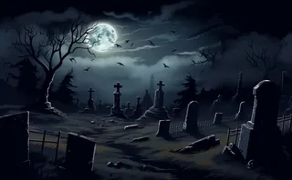 万圣节夜晚坟墓恐怖月色树林插画蓝黑色背景