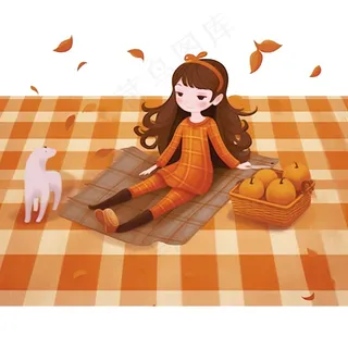 秋日野餐户外活动少女欢乐橙色卡通插画免抠