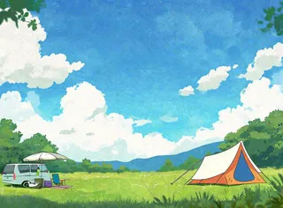 春天夏日清新草坪房车旅行露营玩耍手绘插画