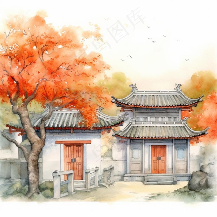 秋季胡同里古代建筑庭院水彩画水墨画素材(1024x1024)