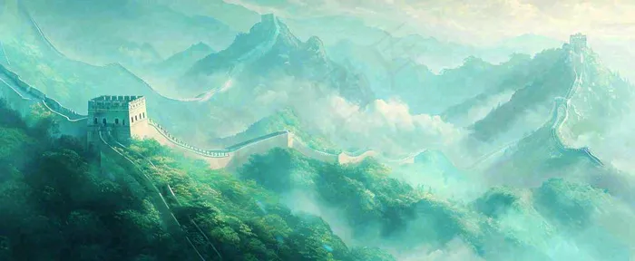 崇山峻岭高山白云中国风插画长城风景(1712x704)