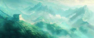 崇山峻岭高山白云中国风插画长城风景