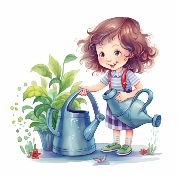 春夏小女孩在给绿植浇水插画海报素材背景(1024x1024)