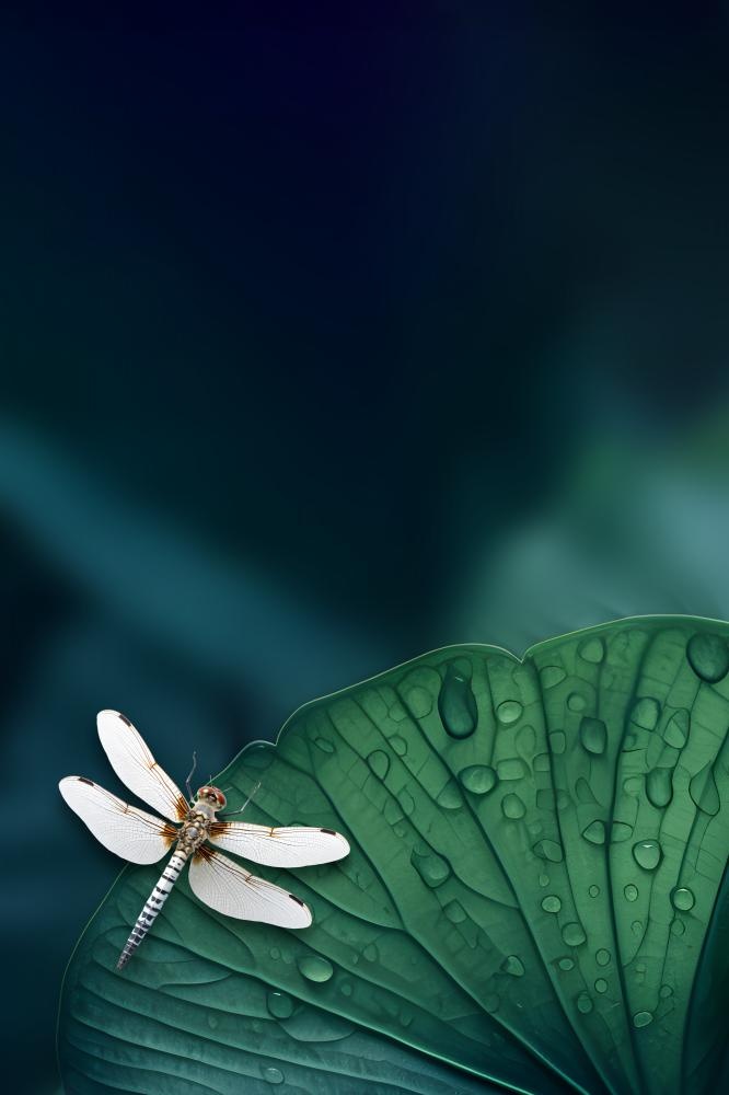 荷叶蜻蜓简约墨绿色背景