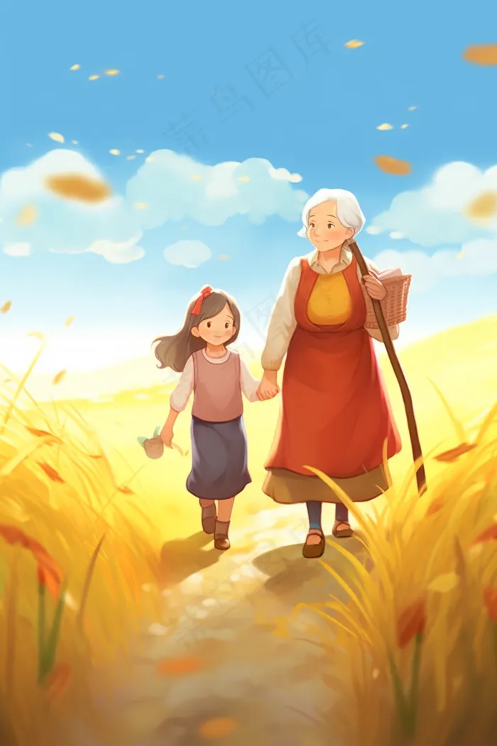 秋收女孩和奶奶麦田田间小路插画背景(x)