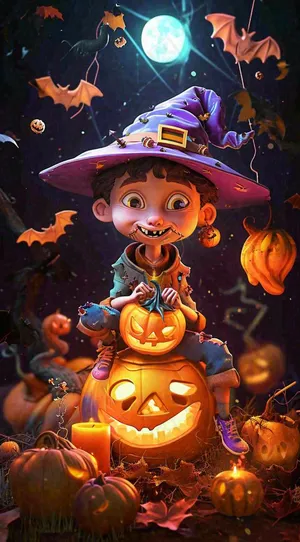 梦幻黑色万圣节恐怖南瓜，夜晚卡通动漫插画