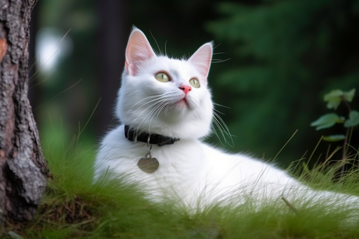 白色猫咪脖子戴着项圈猫牌在大树根边玩耍摄影图(4032x2688)