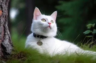 白色猫咪脖子戴着项圈猫牌在大树根边玩耍摄影图