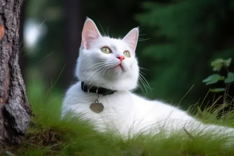 白色猫咪脖子戴着项圈猫牌在大树根边玩耍摄影图 白色猫咪脖子戴着项圈猫牌在大树根边玩耍摄影图