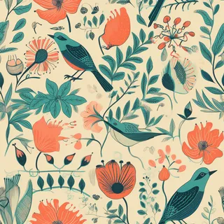 花鸟图，插画风格，无缝贴图，素材