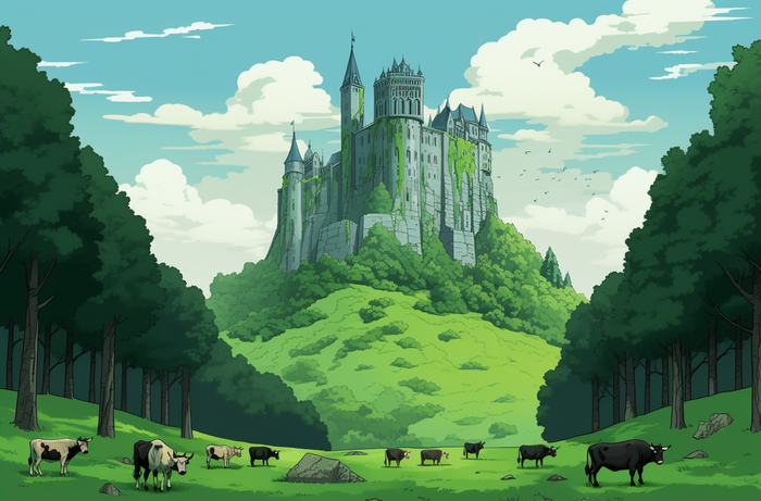 高耸的城堡墙壁前，绿色的草地山顶上的奶牛，森林朋克、绿色主义的风格