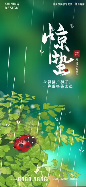 手写字体春天万物复苏昆虫七星瓢虫惊蛰节气习俗海报