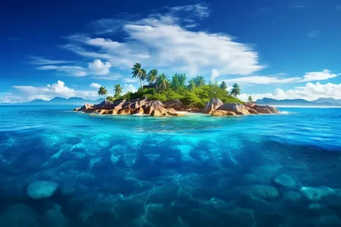 夏日海中小岛椰树清透的海水摄影图