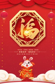 兔年福兔新年春节红色海报