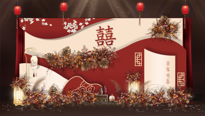 红色香槟色新中式户外婚礼合影区