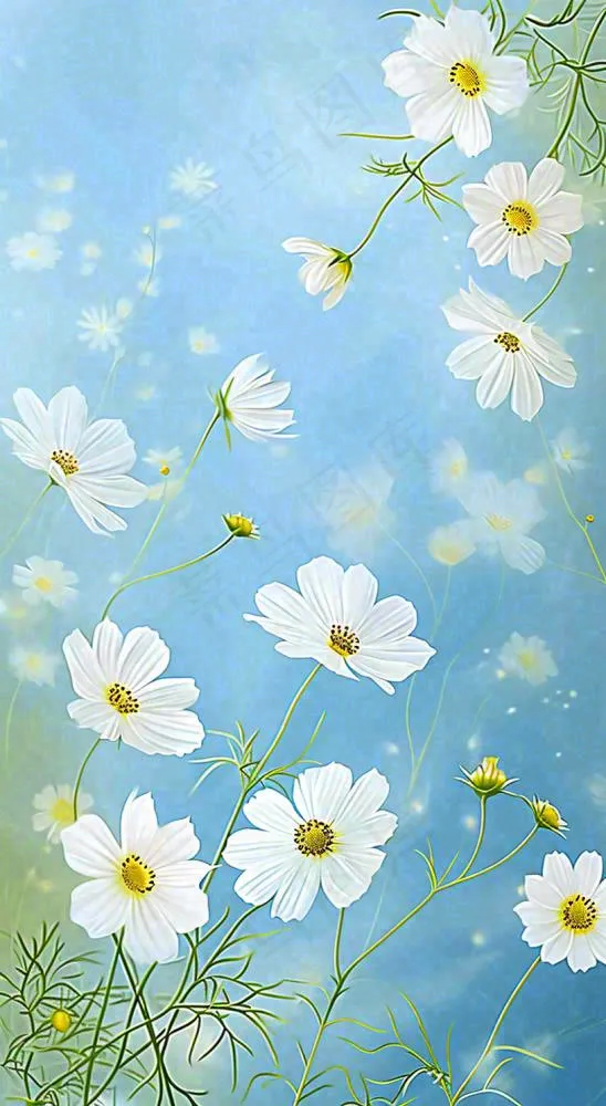 春天清新白色花朵温馨，蓝色朦胧，立春惊蛰春分摄影图(816x1488)