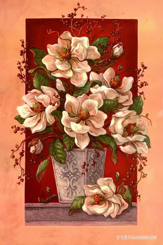 唯美花卉花瓶复古油画