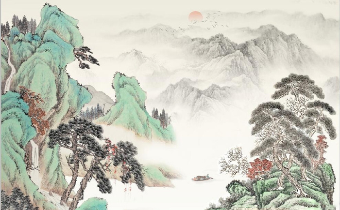 中式青绿山水国画电视背景墙图片