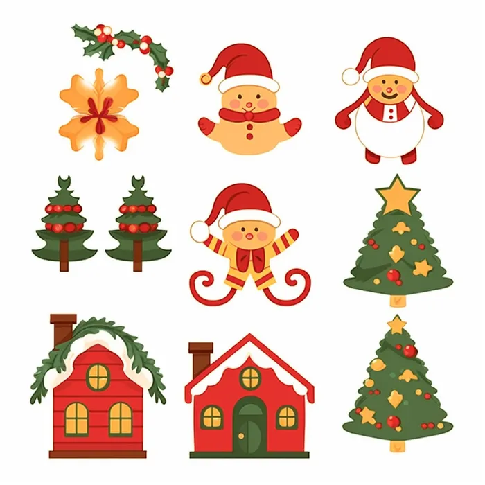 圣诞雪人树雪花圣诞老人卡通插画素材(3072x3072)